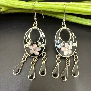 Vintage Alpaca Mexico Silver MOP Abalone Inlay Fringe Drop Earrings 9.1g.